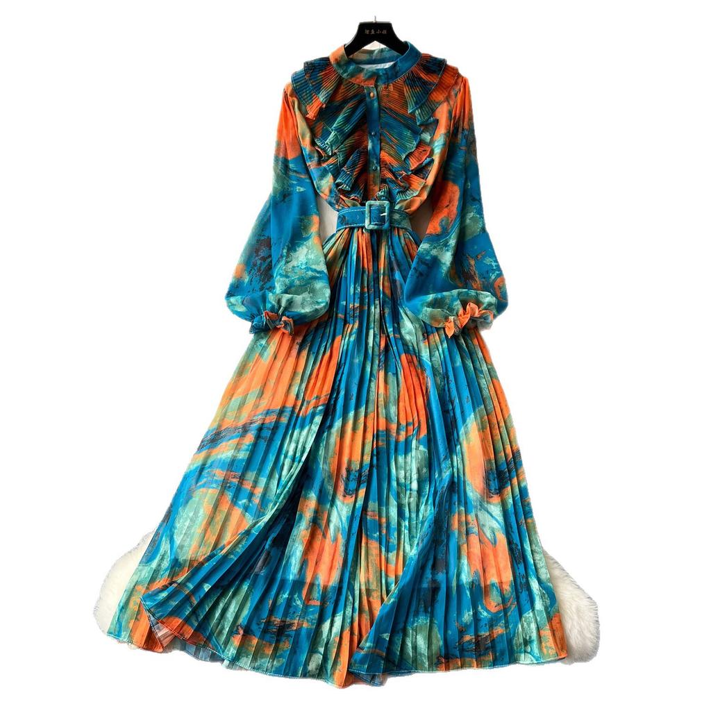 French retro elegant dress women's autumn new sweet fungus edge splicing long-sleeved waist printing chiffon skirt