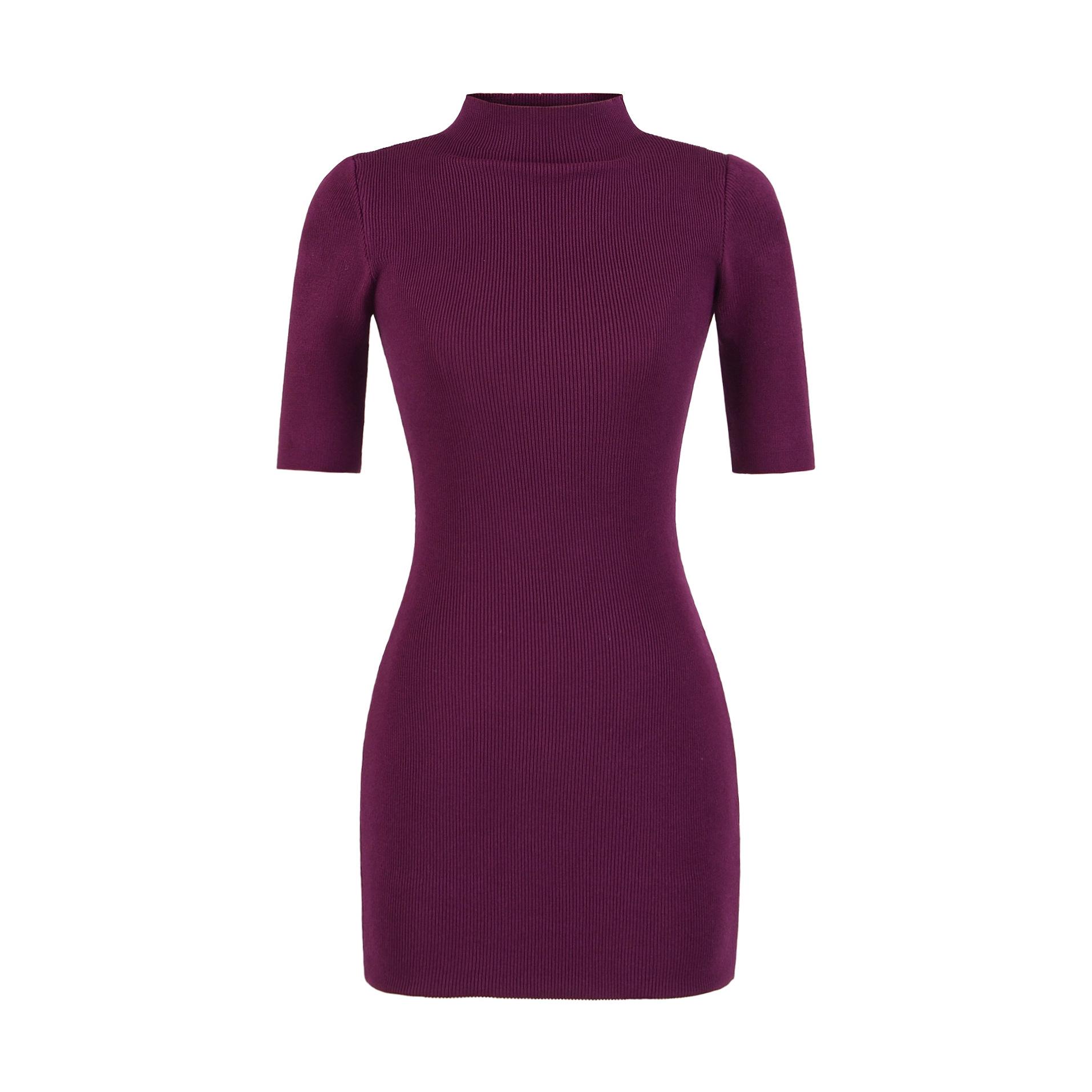 

Korean Women s Knit Bodycon Slim-Fit Dress: Half-High Neck, Short Skirt, Half-Sleeve, Waist-Cinched for Petite Style Small фиолетовый