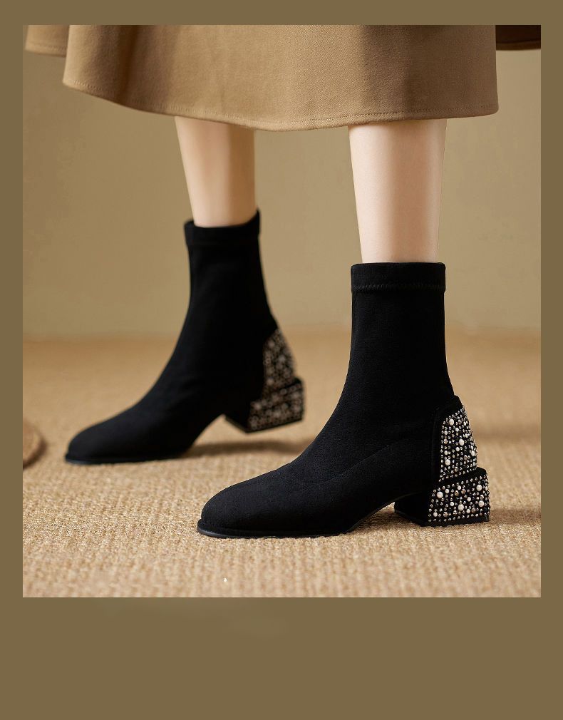 Rhinestone Thick Heel Thin Shoes Versatile Sleeve Elastic Short Boots Single Boots Women's Fashion High Heel Martin Boots Women's 2025 Autumn and Wint