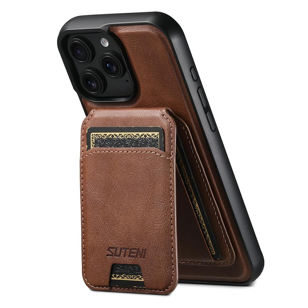 SUTENI M5 For iPhone 15 Pro Max Magnetic Case with Card Bag Cowhide Texture Leather Phone Back Cover