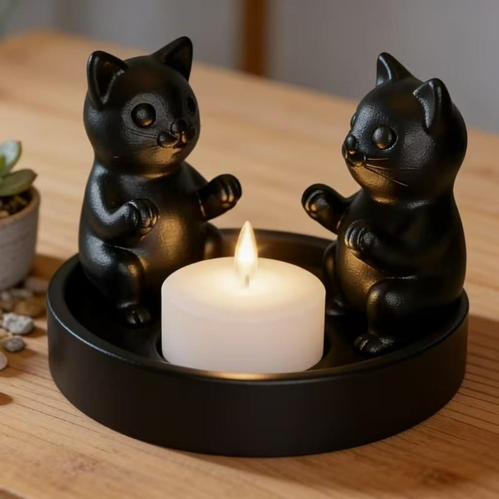Creative Cartoon Cat Candle Holder Ring-Shaped Decorative Candle Stand Cute Black Kitten Ornament Office