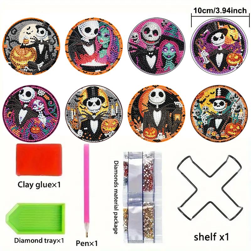 8 Pieces/set Disneys The Nightmare Before Christmas Series Diamond Painted Coasters DIY Diamond Art Coasters 5D Full Diamond Diamond Coasters
