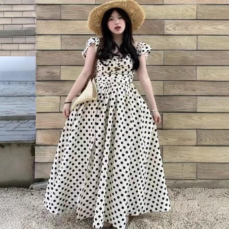 Large Size Fat Sister French Polka Dot Dress Women's Pleated Waist Slimming Temperament Long Sling