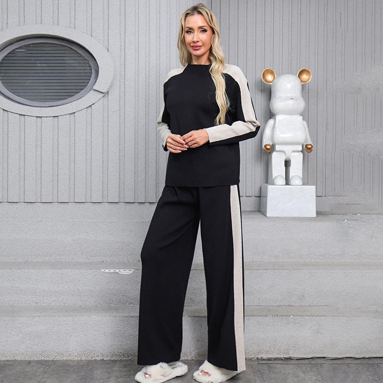 Conjunto de dos piezas de suéter de punto casual para mujer de otoño invierno, tops de manga larga tipo jersey y pantalón de pierna ancha, chándal