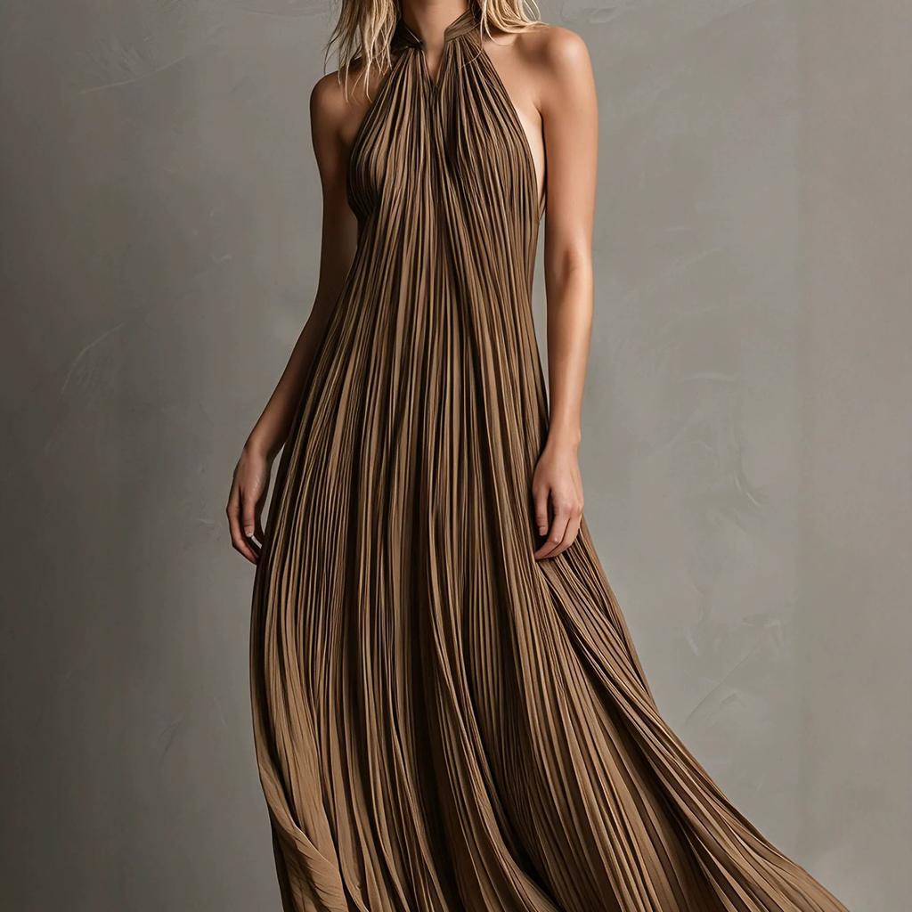 Women's clothing neck stand-up collar pleated pendulum dress, high-end sleeveless, backless, pleated, vacation dress