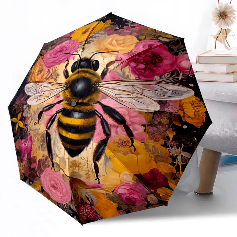 Bee On The Flower Compact Travel Automatic Umbrella with 8-Rib Sturdy Construction Travel Essential Fashionable Accessory Wedding Party Gift
