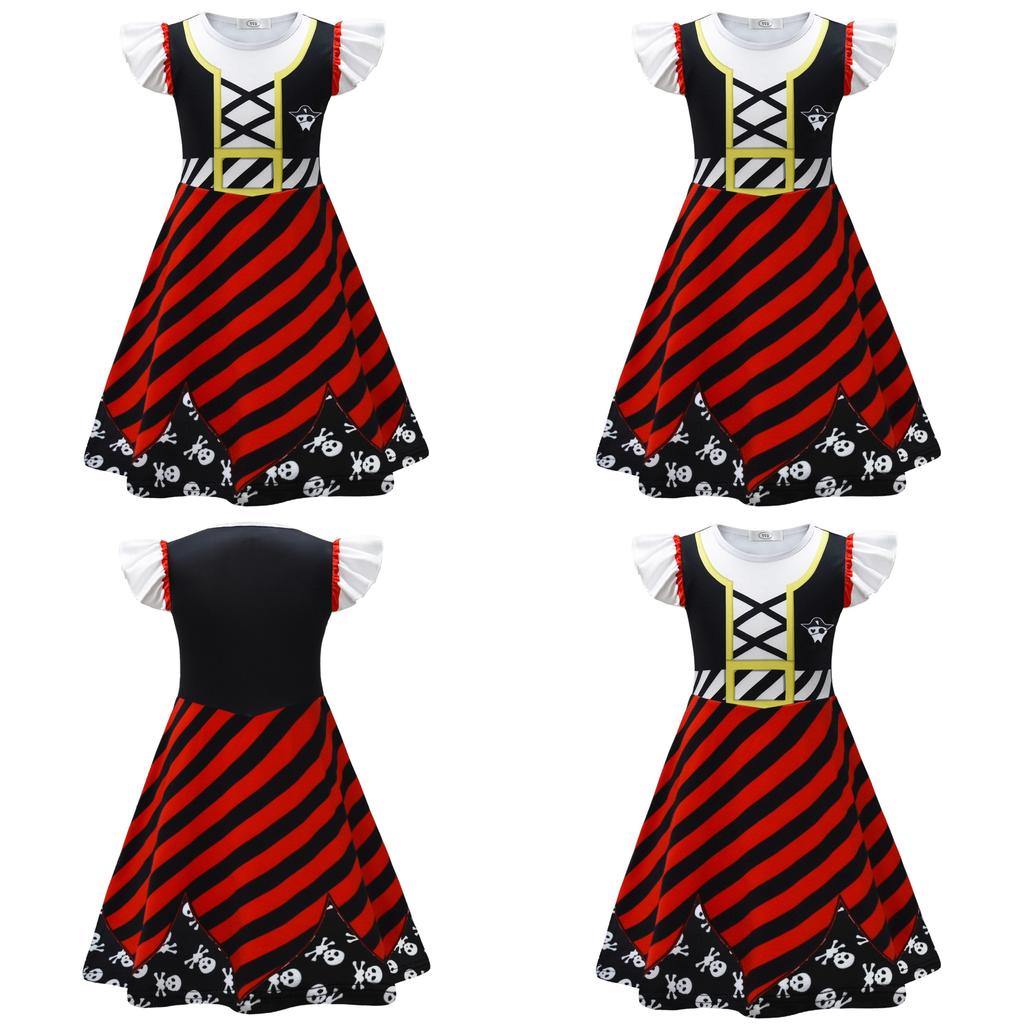 Skull Print Halloween Girls Dress With Ruffle Hem And Printed Fabric For Kids Age 3 To 8