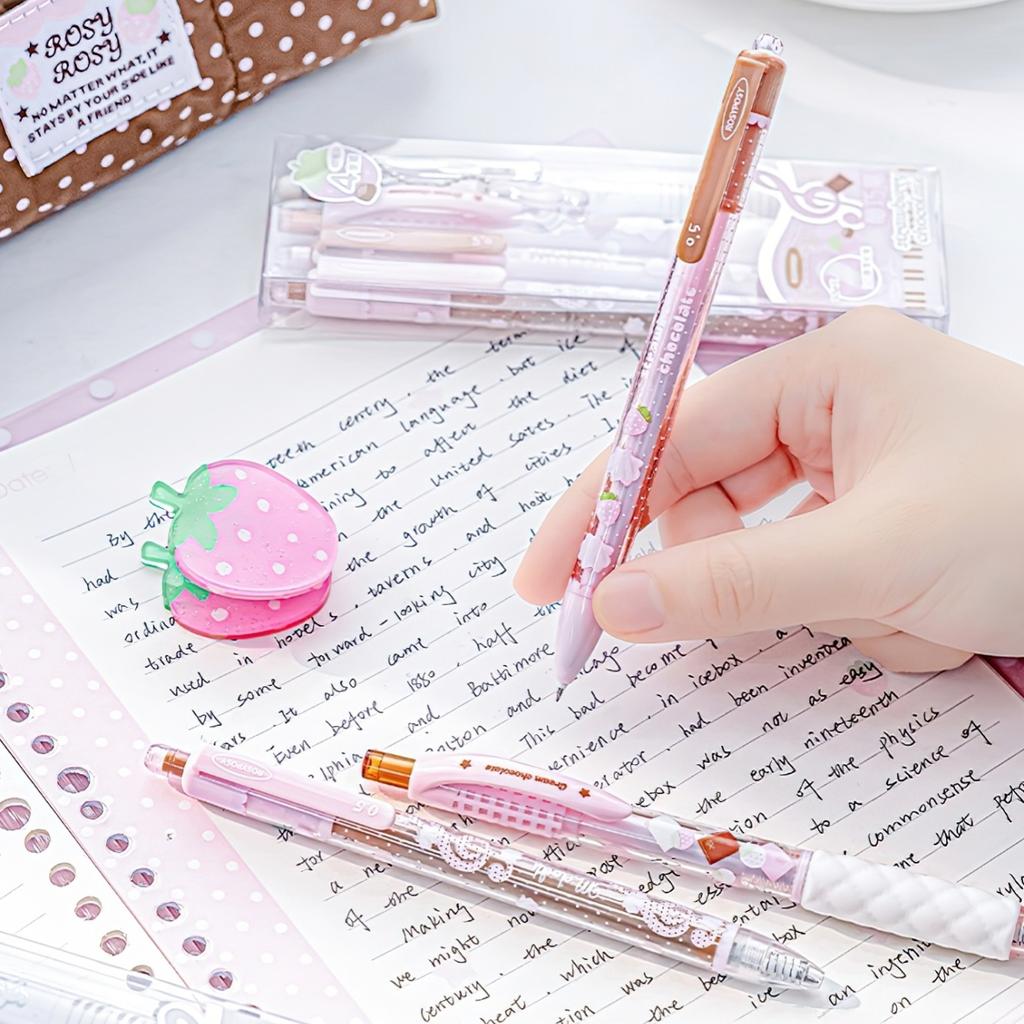 4pcs Strawberry Chocolate Gel Ink Pen Retractable 0.5mm Ballpoint Quick Dry Black Color for Writing Stationery A3203