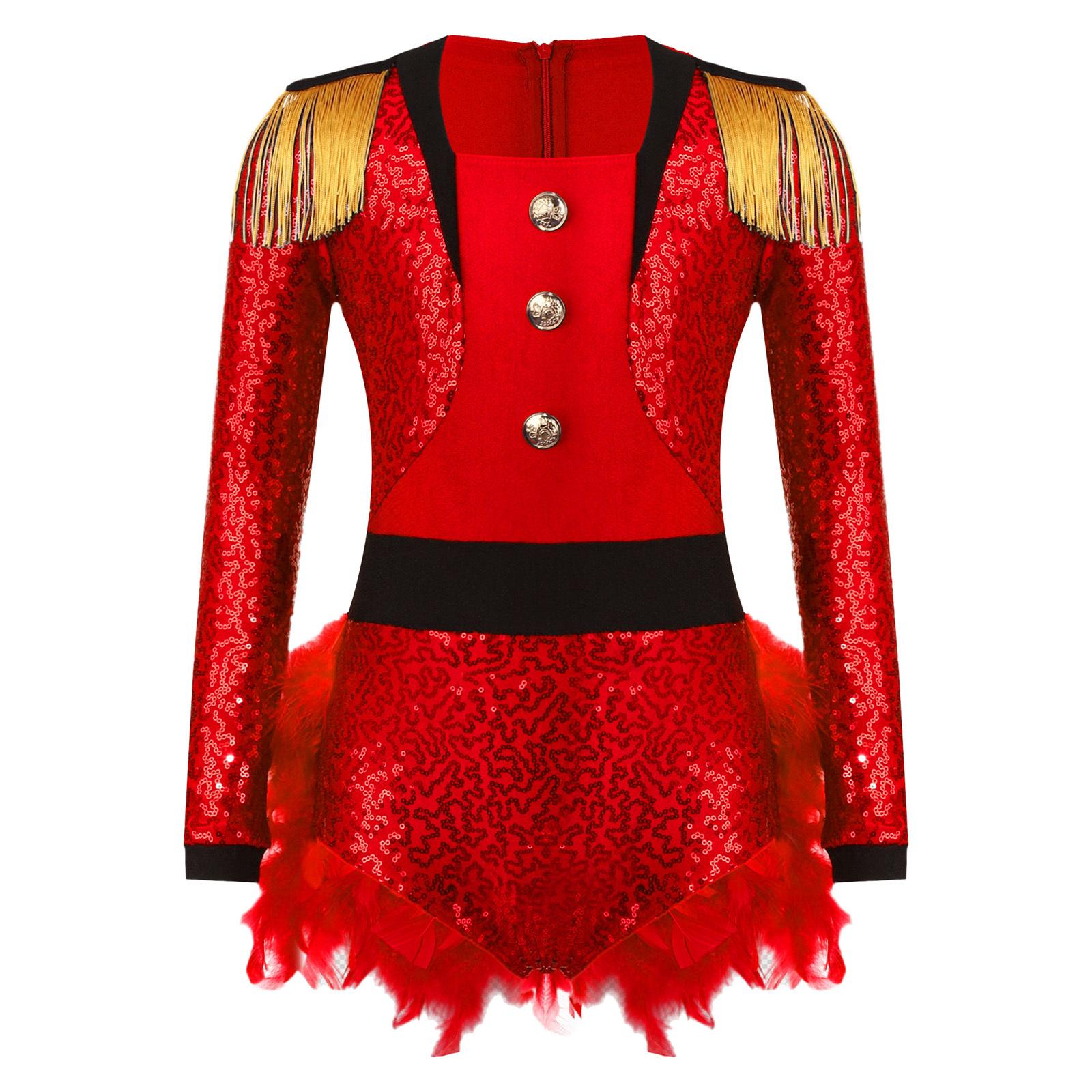 

Girls Sparkly Sequins Jumpsuit Shoulder Tassels Long Sleeve Front Button Decoration Feathered Circus Costume 9-10 Years червоний