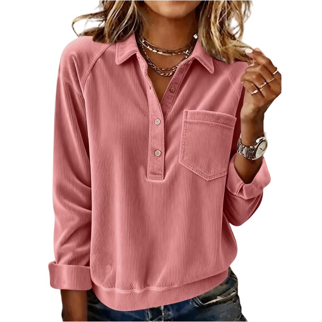 Women's Comfortable Long,Sleeve Corduroy Button,Up Blouse