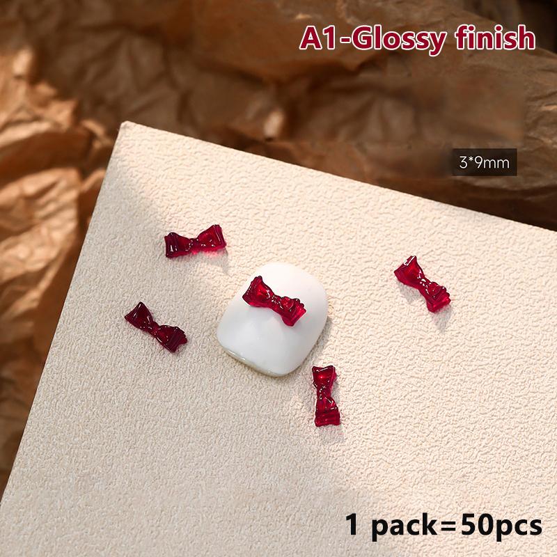 50Pcs French Style Bows Nail Accessories Mixed Size 3D Wine Red Bowknot Nail Charms Kawaii Winter Nail Art Decoration Cute Parts