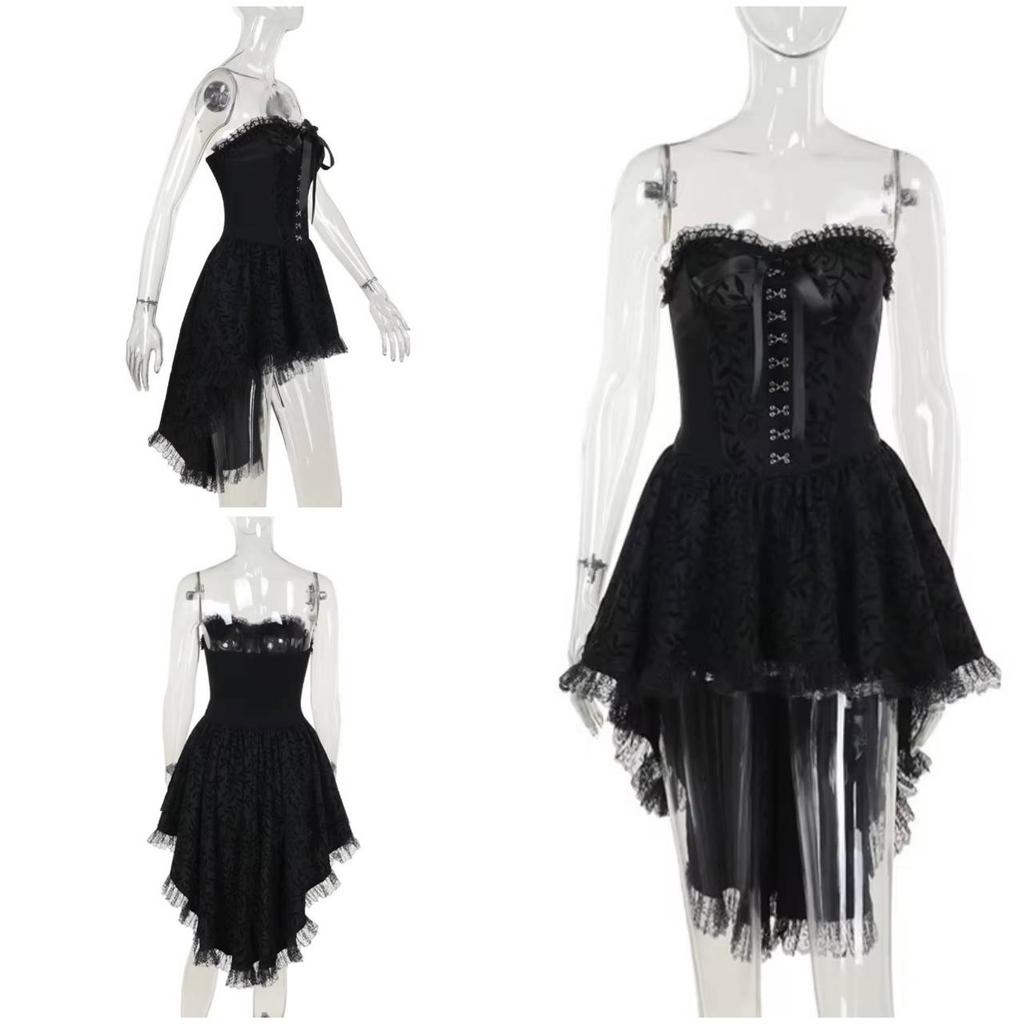 Gothic Goth Dark Lace Patchwork Bandage Strapless Corset Dress Party Gown Fairy Backless Tailed Women