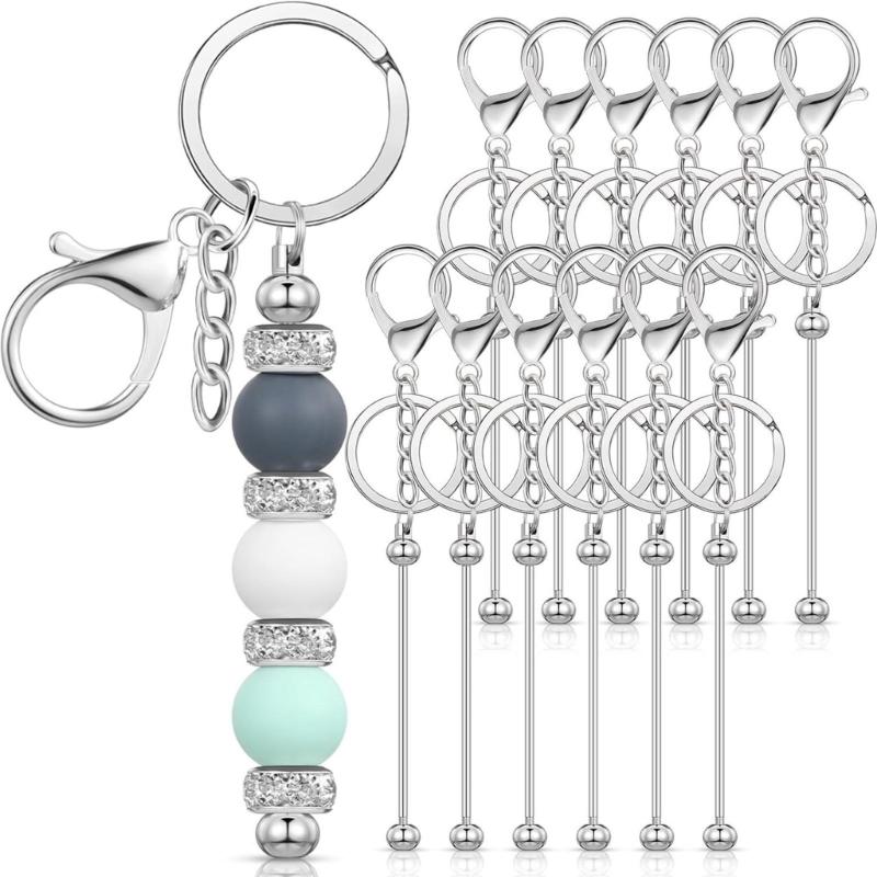 Portable 12 Pcs Beadable Keychain Charm Set Sturdy Alloy Blanks Beading Keyring Accessories for Craft Suppplies Jewelry