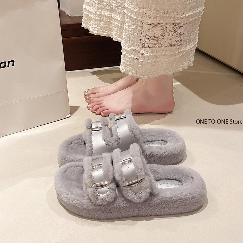 Med Chaussures Femmes Pantoufles Extérieur Sandales Pantofle Flock Plateforme Fourrure Tongs 2024 Plates Peluche Automne Tissu Rome Chaussures Maison