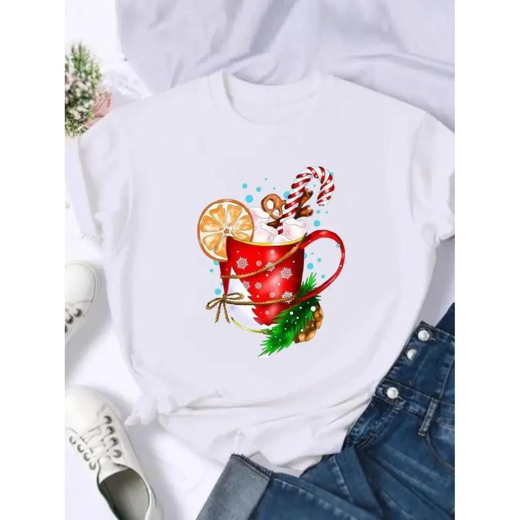 Fashion Lovely Watercolor Trend Female Print T Top Merry Christmas New Year Holiday Graphic Tee Women Shirt Clothing T-shirts