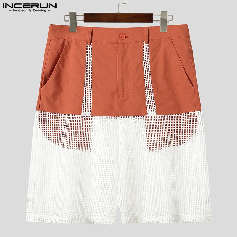 INCERUN Men Zip-up Waist Mesh Sheer Patchwork Hollow Pants Shorts Home Wear