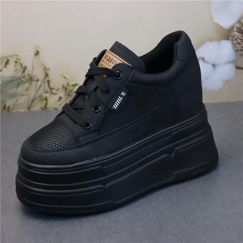 Fashion 12CM Women Summer Air Mesh Genuine Leather Shoes Vulcanize Platform Wedge Microfiber Platform Wedge Hollow Slides Sandals