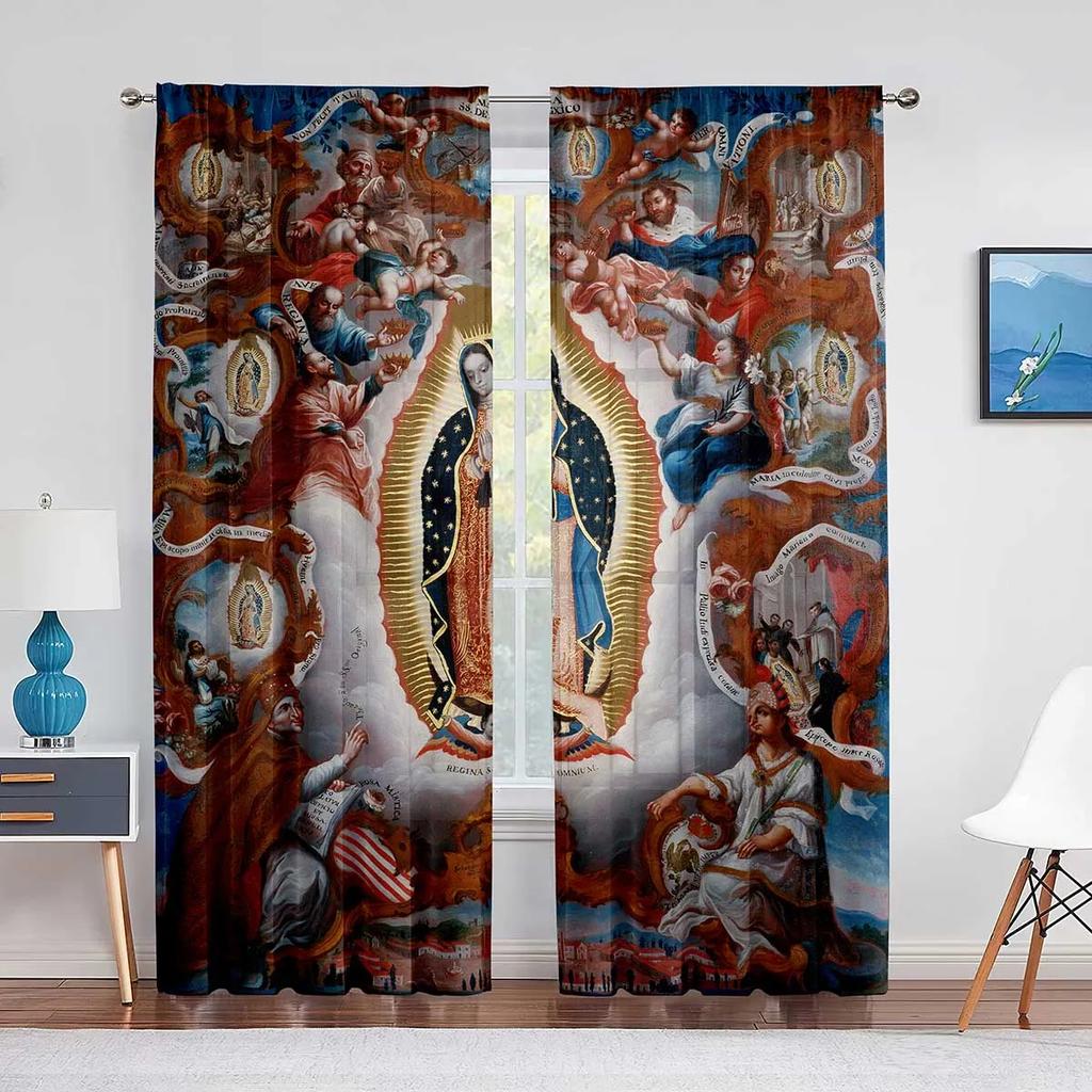Our Lady Guadalupe Mexican Saint Virgin Mary Floral Sheer Curtains for Bedroom Living Room Kitchen Blinds Window Curtains 2pcs