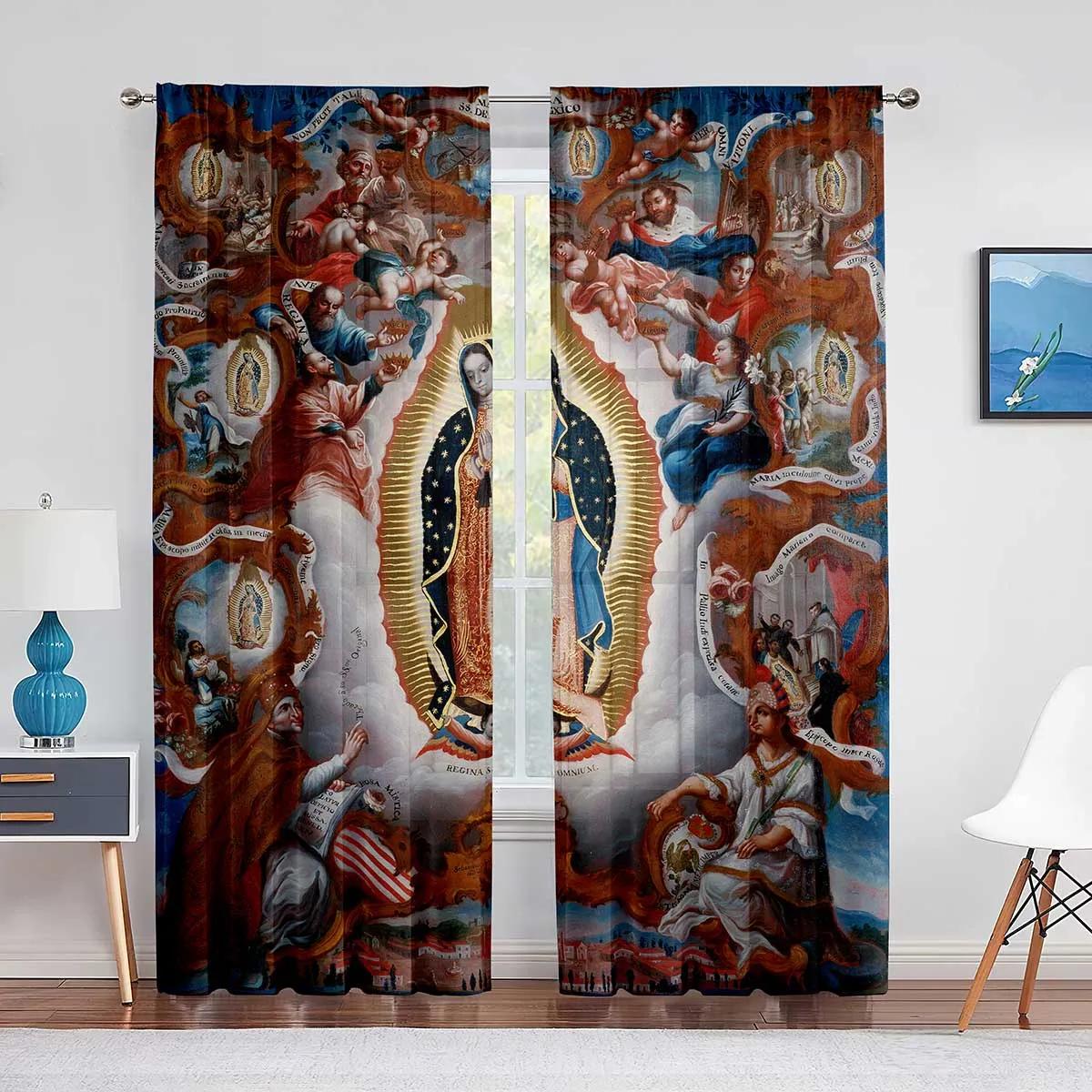 

Наша Леди Гваделупская Мексиканская Святая Дева Мария Цветочные прозрачные шторы для спальни гостиной кухни жалюзи оконные шторы 2 шт. (W50H130cm)-2pcs&Grommet Top
