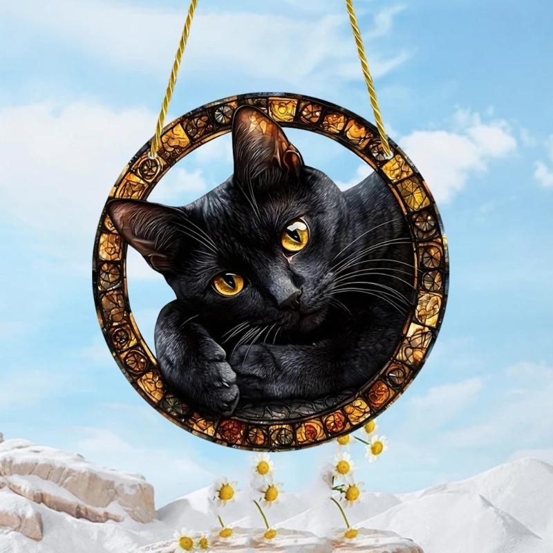 Artistic Black Cats Theme Acrylic Hanging Wreath Decorative Piece For Indoor and Outdoor Use Home Wall Window Ornament