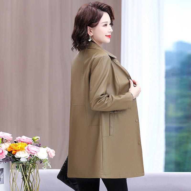 Stylish Leather Trench Coat for Middle-Aged Women - Spring & Autumn Slim-Fit, Washed Leather