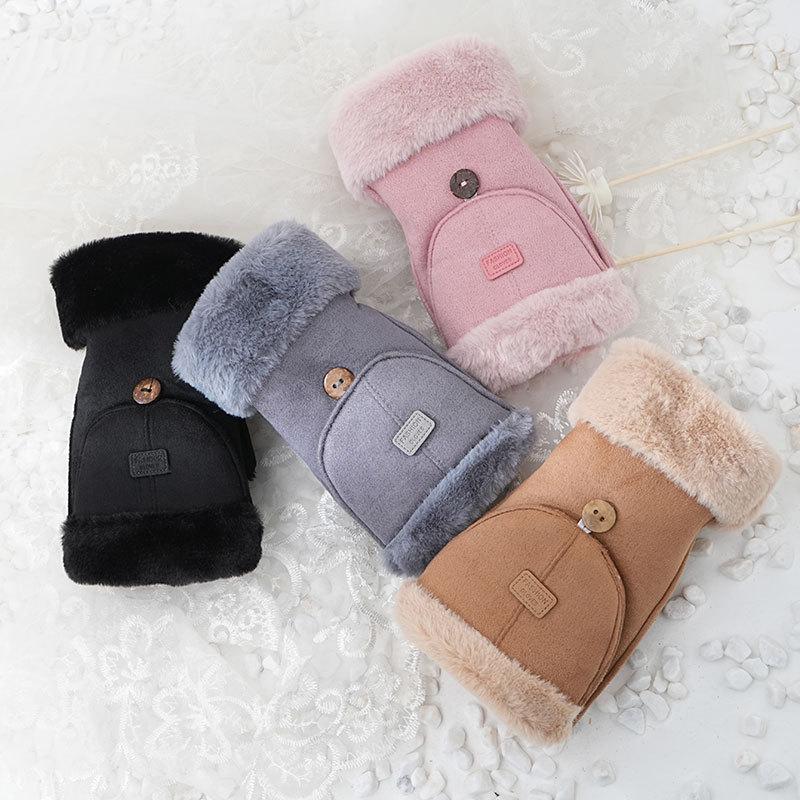 

Warm gloves suede women s students autumn and winter cute plush thickened plush flip office touch screen half finger One size