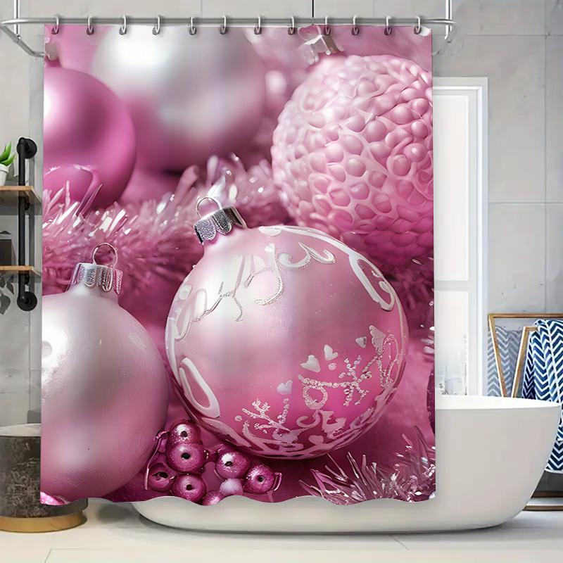 

Pink Christmas Decor Shower Curtain Glittery Ornament Print For Bathroom Decoration Festive Holiday Home Accessories W60H190(CM)-1 Pcs