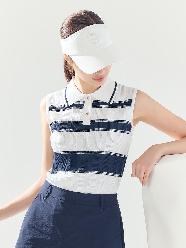 LORDLOAR Striped Collared Sleeveless Knit Navy