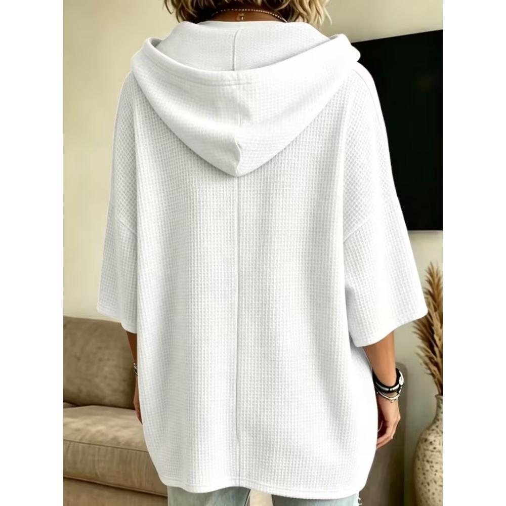 Damen Neuer Waffelstrick Kapuzenpullover mit Kordelzug, Lockere Gestrickte Kapuzen-Oberbekleidung