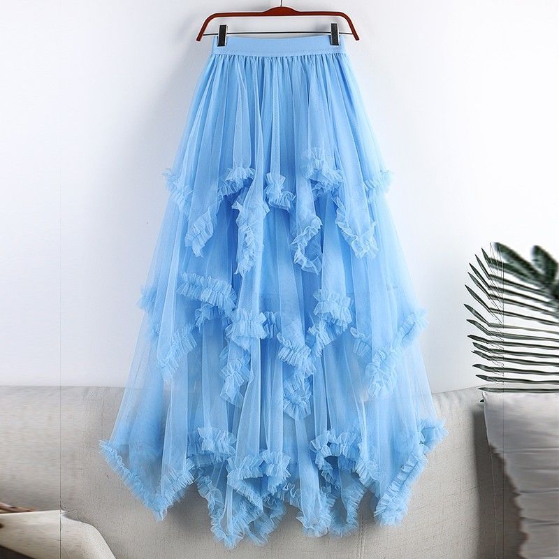 Women's Summer High-Waisted Asymmetric Midi A-Line Mesh Skirt Sweet Tiered Skirt Half-Skirt