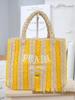 Striped Handmade Straw Tote with Letter Embroidery - Casual Beach Travel Bag