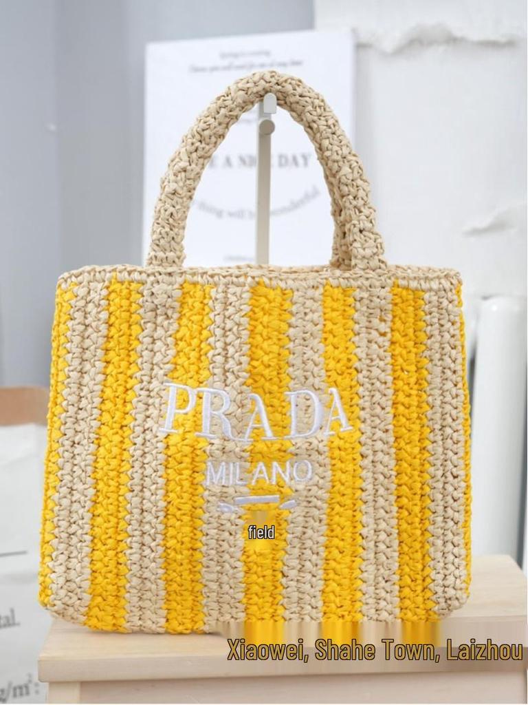 Striped Handmade Straw Tote with Letter Embroidery - Casual Beach Travel Bag
