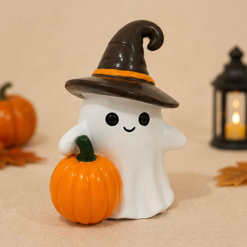 Resin Halloween Ghost With Pumpkin Ornament Mini Desktop Decor For Desk Window Sill Holiday Photo Prop Gift