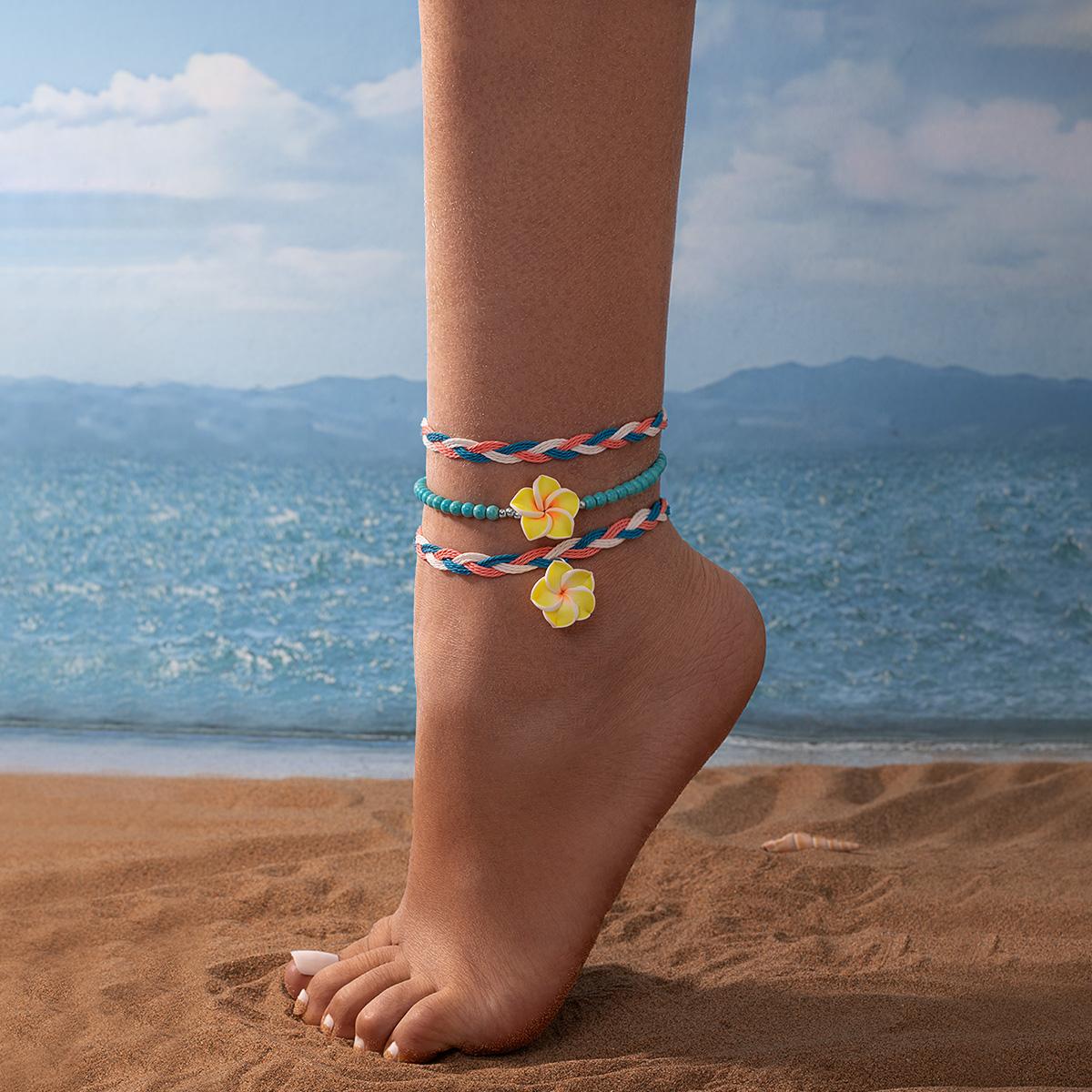 

Women s Plumeria Turquoise Beaded Anklet 3-Piece Set Stackable Hawaiian Style Woven Ankle Chains