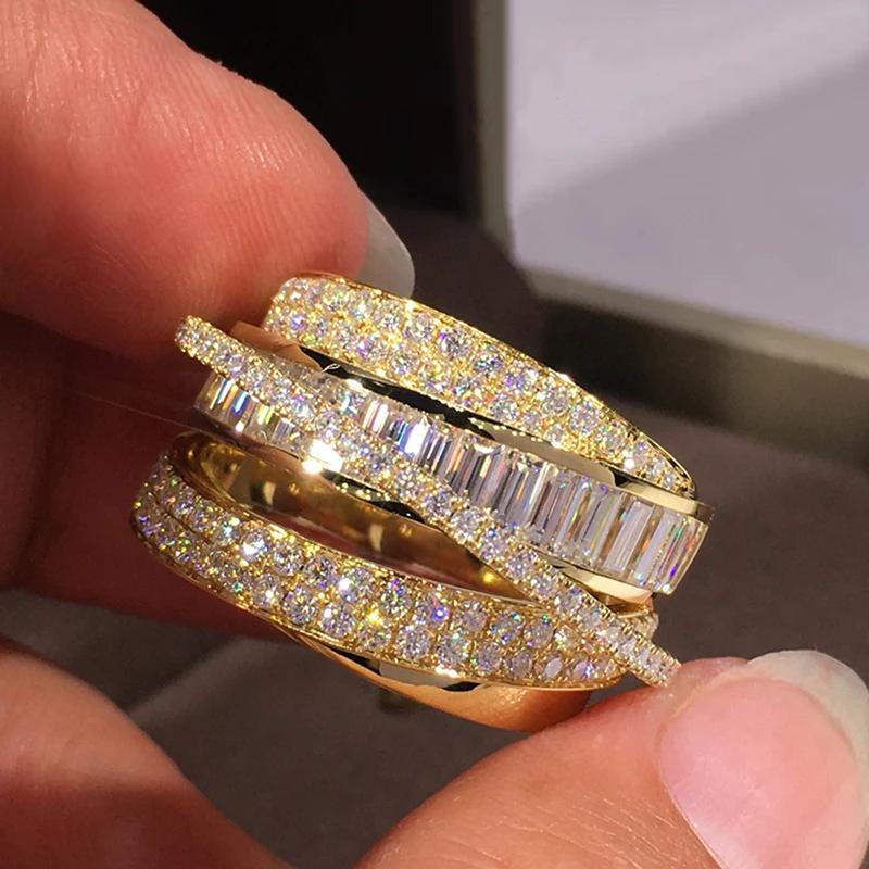 Huitan Luxury Brilliant Cubic Zirconia Rings for Women Gold Color Multi-level Finger Accessories Chic Charms Engagement Zircon