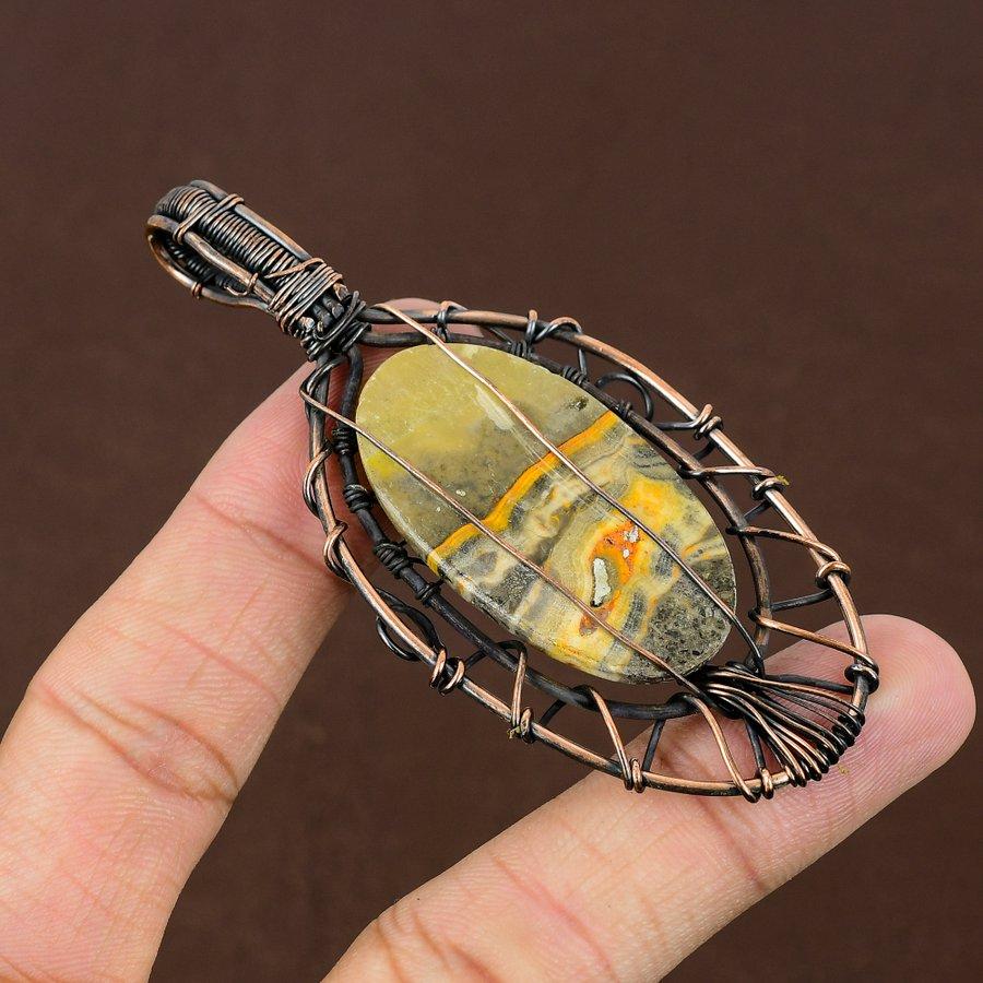 Bumblebee Jasper Handmade Copper Wire Wrap Jewelry Pendant 3.23" V5O70
