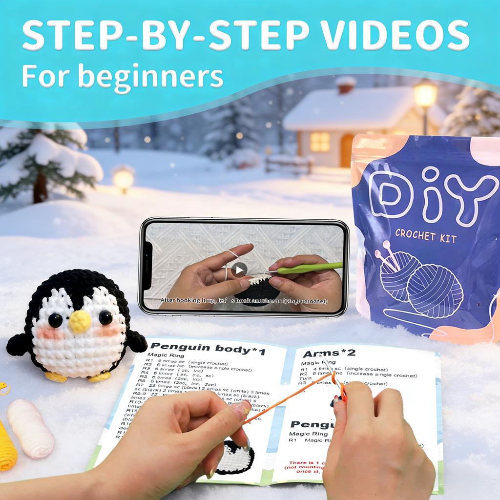 1PC Penguin Crochet Kit DIY Amigurumi Penguin Hook Set with Instruction Manual And Video Tutorial Color May Vary