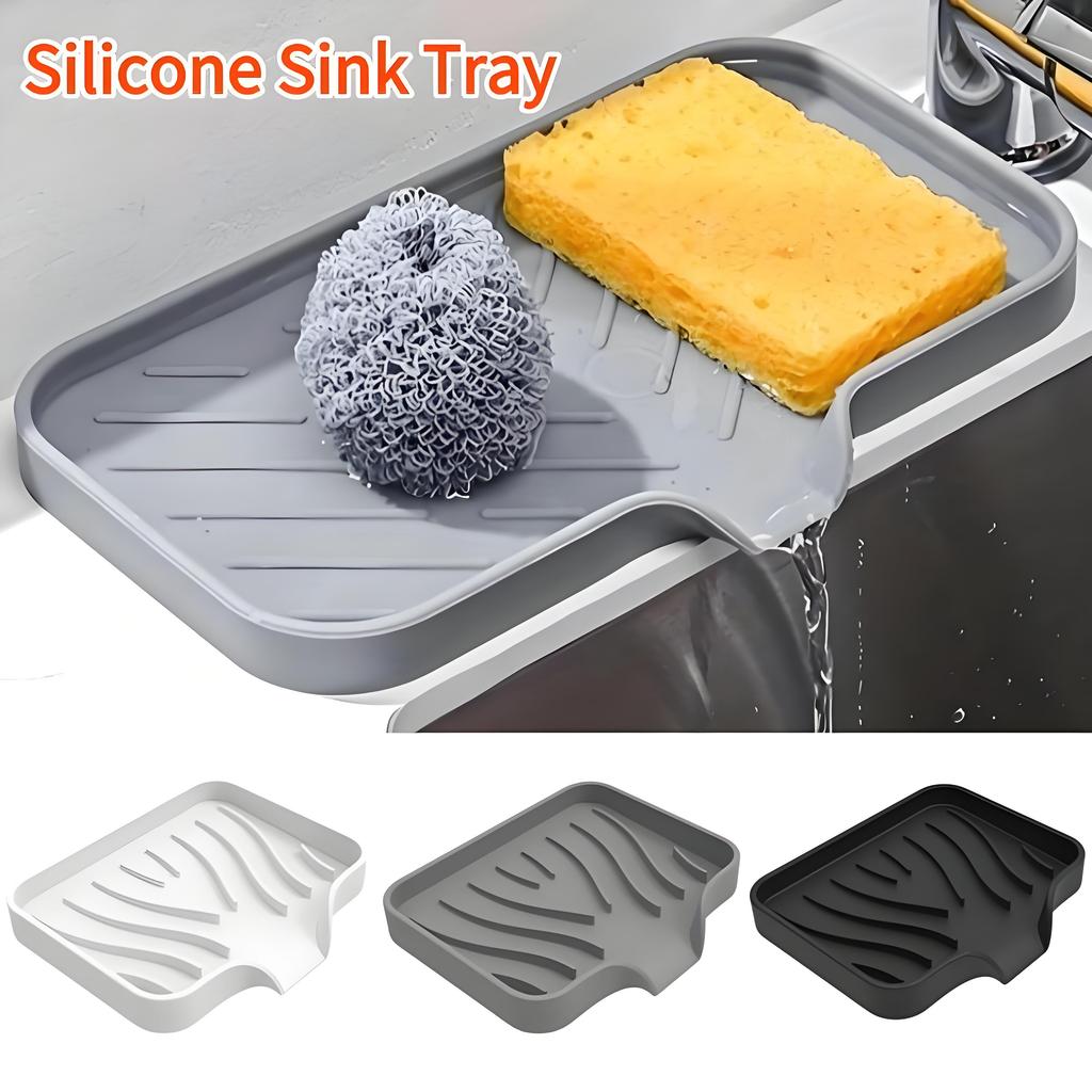 2PCS Silicone Sink Tray for Kitchen Organization - Non-Food Contact Soap Dish Holder with Drain Lip - Countertop Scrubber Drainer for Brushes