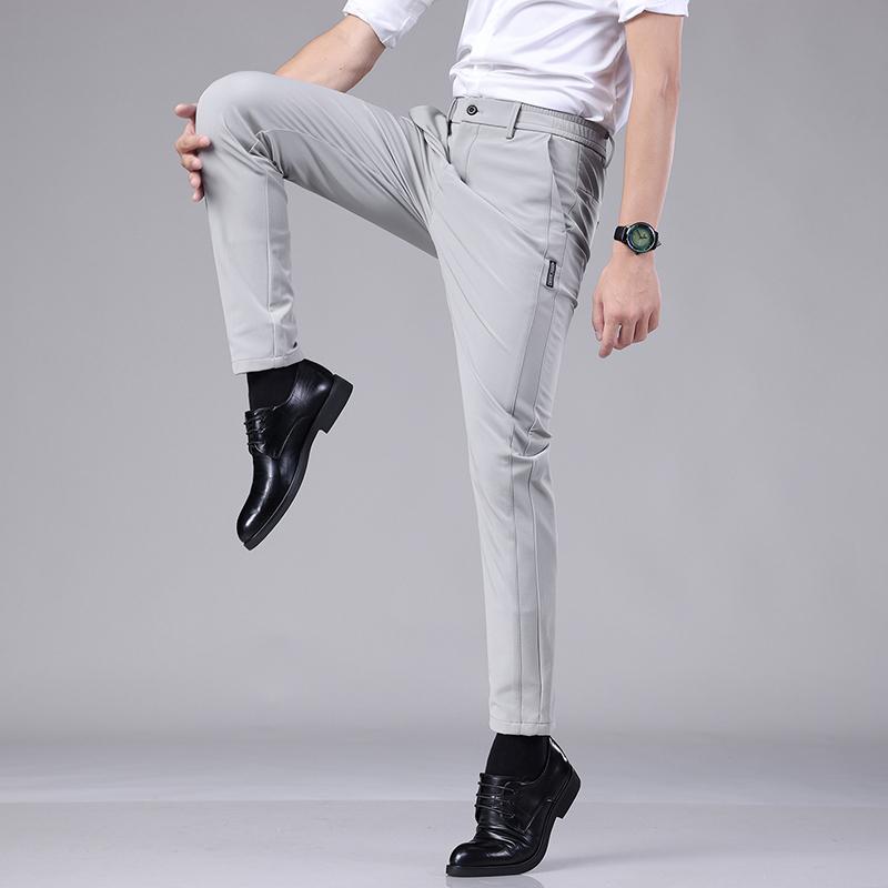 Ultra-thin Elastic Men's Casual Trousers Summer Quick-drying Ice Silk Slim Straight Business Solid Color Trousers Black Gray