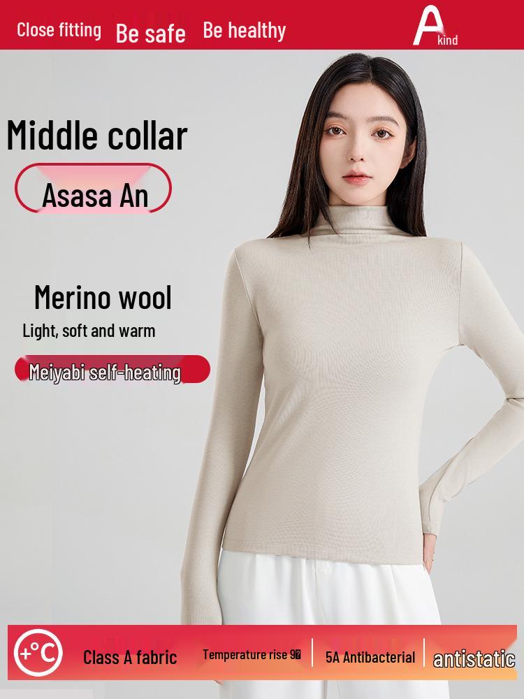 Autumn/Winter Wool Long-Sleeve Velvet Cotton Mid-Neck Women's Fashion Top