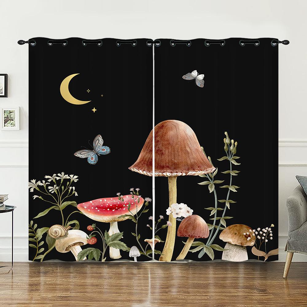 Curtain Mushroom 3D Sunshade Digital Printing Curtain Blackout No Punching Bedroom Living Room