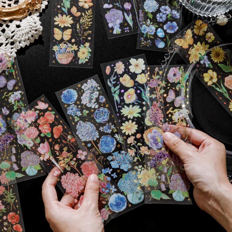 3pcs/pack Gilding Craft PET Stickers Floral Sticker DIY Cut Collage Junk Journal Decor Scrapbooking Waterproof Stickers