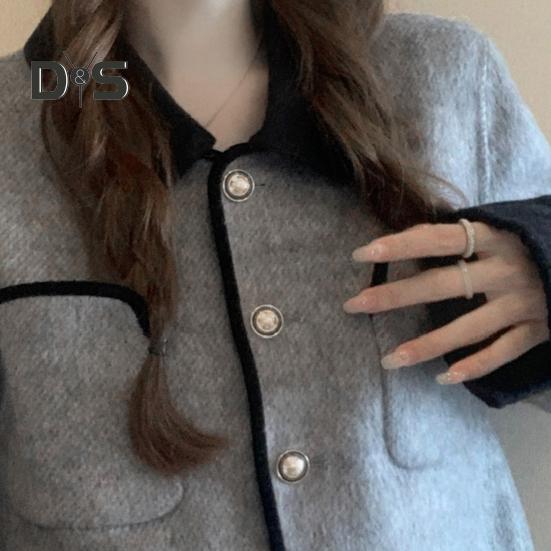 Women Autumn Jacket Turn-down Collar Chest Pockets Single-breasted Loose Long Sleeves OL Commute Style Cardigan Office Jacket