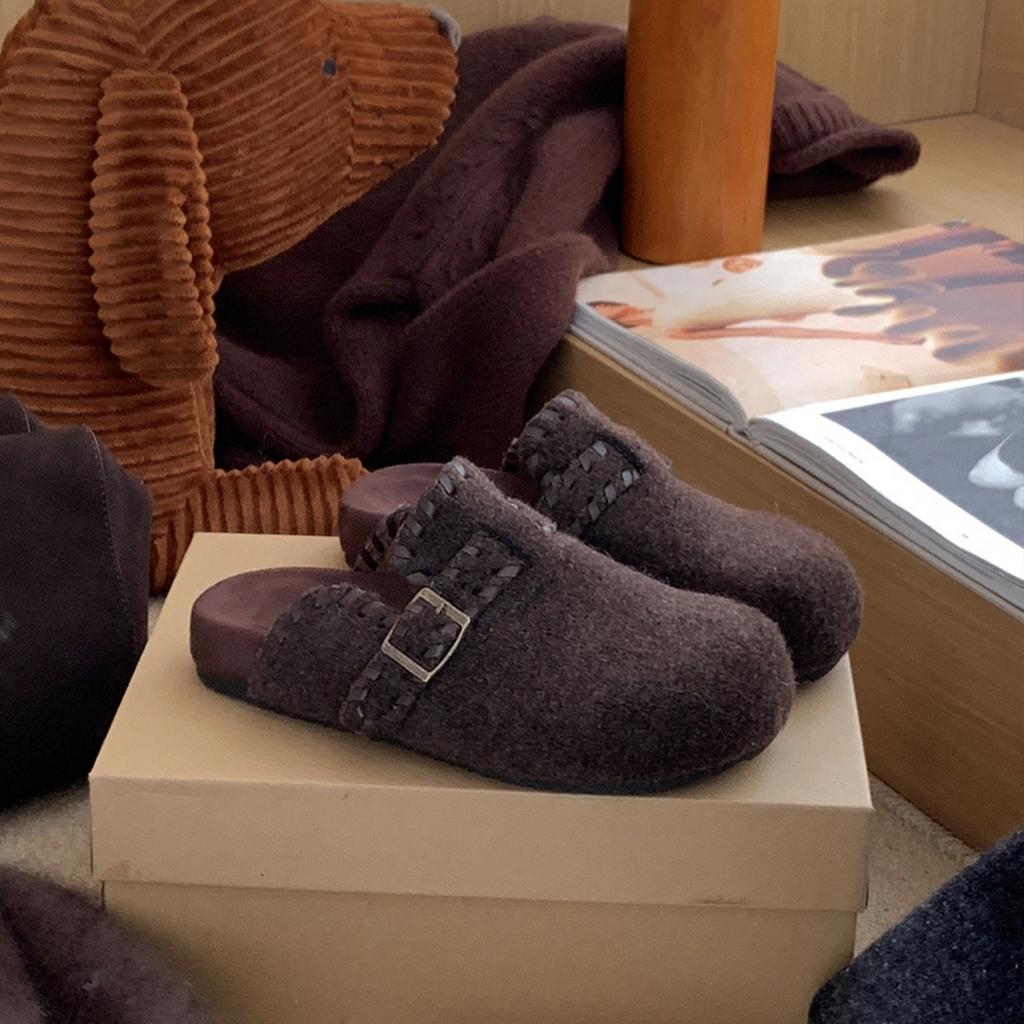 Retro Bag Head Half Slippers One Pedal Belt Buckle Thick-Soled Birkenstocks Women'S Outer Cotton Slippers