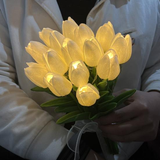 10/15Pcs Tulip Flower Night Light with Bendable Stems LED Bouquet for Home Decor Warm Glow Bedside Lamp for Bedroom Wedding Romantic Gift for