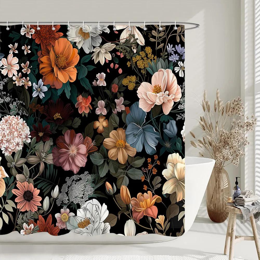 Black Gold Boho Botanical Floral Shower Curtain Vintage Floral Rose Aesthetic Unique Chic Polyester Bath Curtains Bathroom Decor