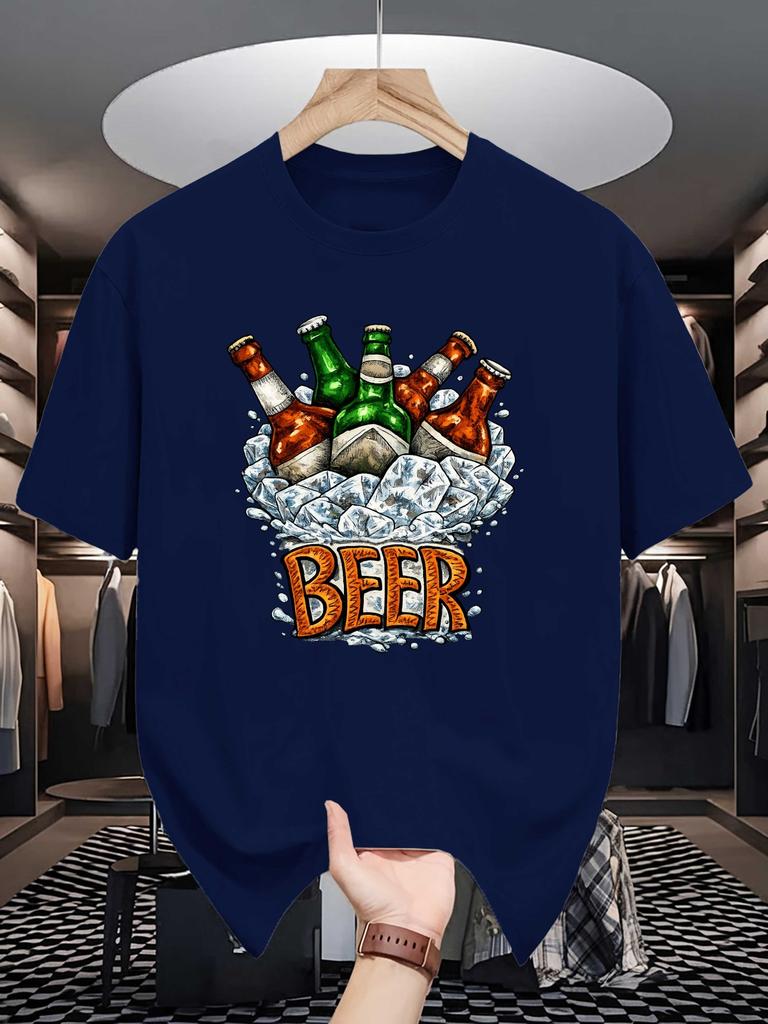 Unisex Red Tee Ice Cold Beer Bottles Retro Letter Food Graphic Print Crew Neck Short Sleeve Summer Casual Male Cotton Street Top