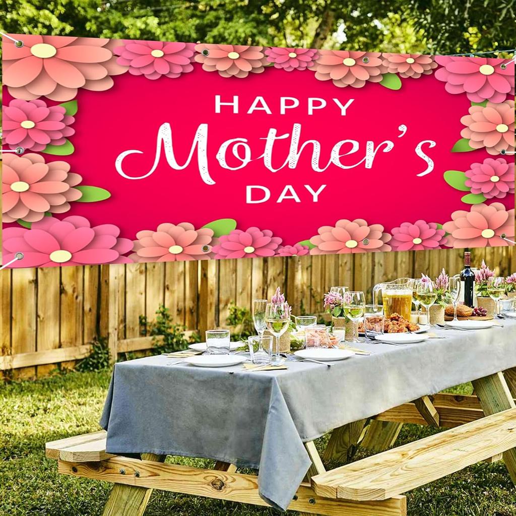CSFOTO 7x16ft Happy Mother's Day Garage Door Decorative Banner Floral Wall Pink Background Large Garage Door Cover Outdoor Indoor Mother's Day Party