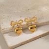 Xia Ling Valentine's Day 18K Gold-Plated Heart Pendant Bow Stud Earrings - European & American Style, High-End Titanium Steel