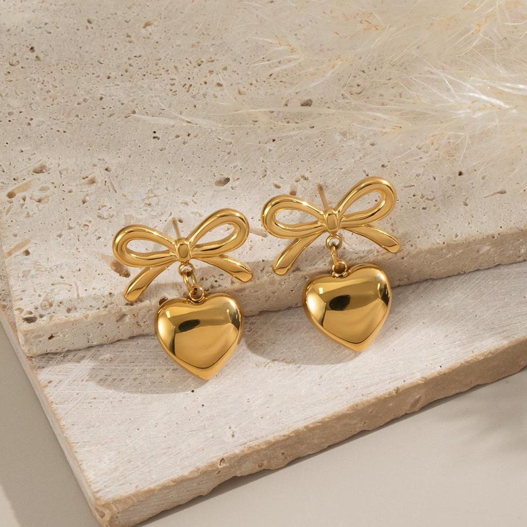 Xia Ling Valentine's Day 18K Gold-Plated Heart Pendant Bow Stud Earrings - European & American Style, High-End Titanium Steel